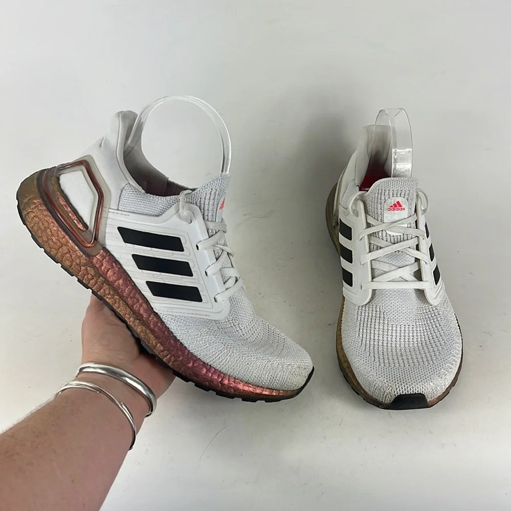 Adidas ultra boost 20 women’s 8 white black rose gold shimmer athletic sneakers